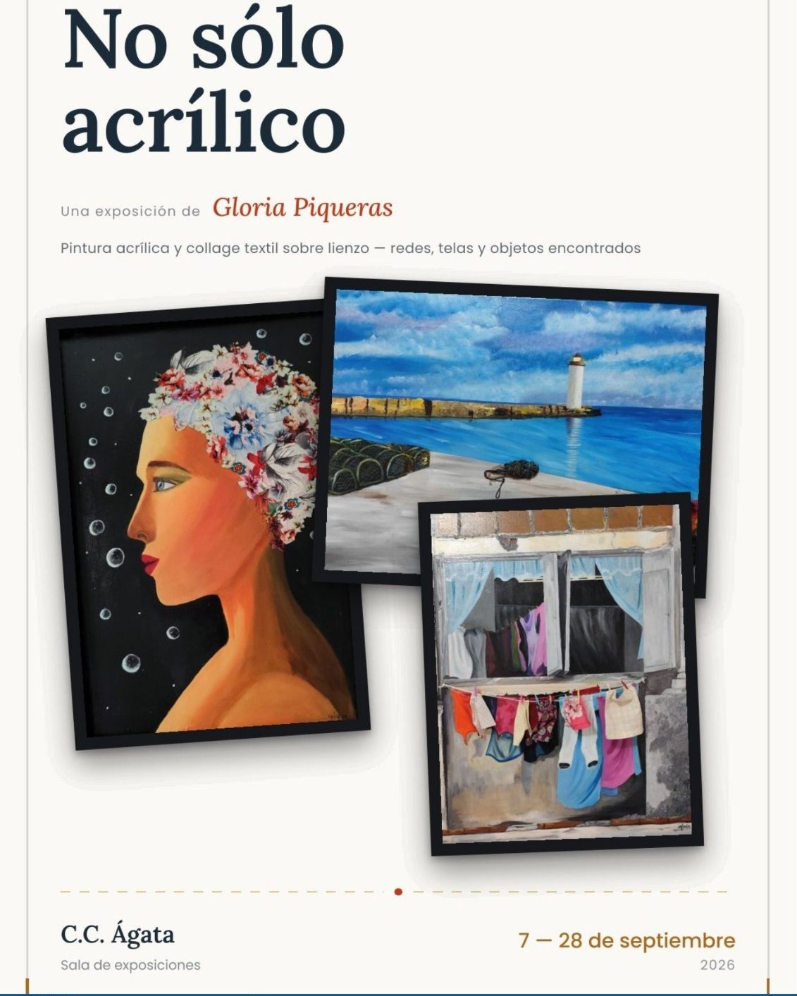 🎨 “No sólo acrílico”, una nueva exposición llega a Villaverde

Del 7 al 28 de septiembre, el Centro Cultural Ágata acoge la exposición de pintura “No sólo acrílico”, de Gloria Piqueras.

Una muestra que combina pintura acrílica y collage textil sobre lienzo, incorporando redes, telas y objetos encontrados para crear obras llenas de texturas, color y personalidad. 🖌️🧵

📅 Del 7 al 28 de septiembre de 2026
📍 Centro Cultural Ágata – Sala de exposiciones
🎟️ Entrada gratuita

Una buena oportunidad para acercarse al arte y descubrir nuevas formas de expresión en nuestro distrito.

#Villaverde #CulturaVillaverde #CentroCulturalÁgata #Exposición #Arte #Pintura #GloriaPiqueras #SienteVillaverde